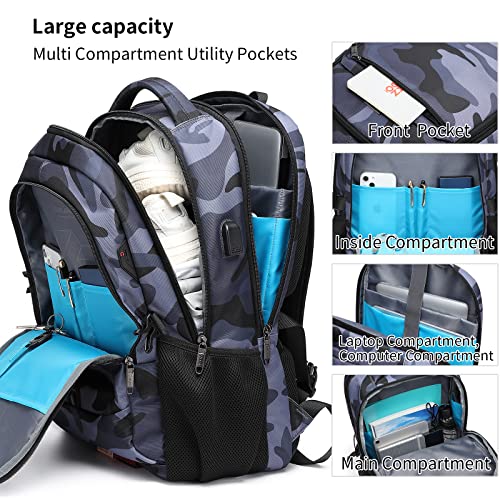 17 Inch Travel Laptop Backpack Water Resistant Hiking Backpack for Men Laptop Bag with USB Charging Port (Camouflage Grey / 17 Inch)