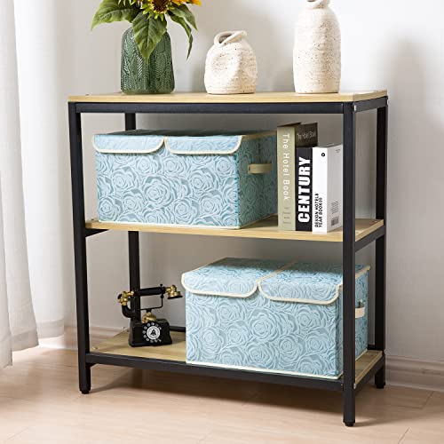 Large Stackable Storage Bins with Lids Fabric Decorative Storage Box Cubes Organizer Containers Baskets with Cover Handles Divider for Bedroom Closet Living Room 17.3x11.8x9.8 Inch 3 Pack (Blue / Double Lid/3pcs)