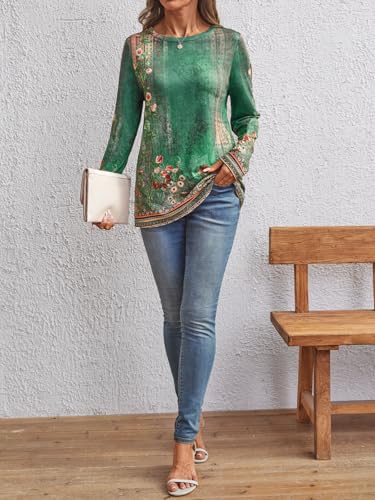 Long Sleeve Shirts for Women Casual Crewneck Tops Basic Tees (Large / Floralgreen)