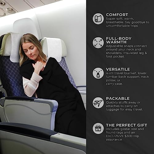Lightweight Airplane & Travel Blanket with Foot Pockets (Black)