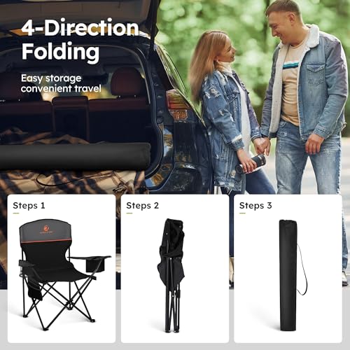 2 Pack Folding Camping Chair with Cooler Bag & Lumbar Support (Black&grey)