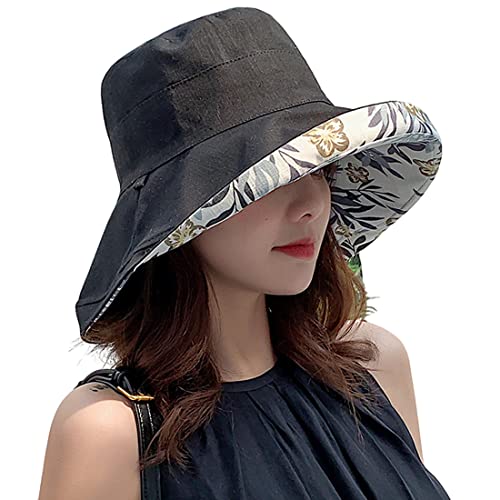 Women Floral Reversible Wide Brim Sun Hats Summer UV Protection Hiking Fishing Hat Wired Edge Beach Garden Lawn Work Cap Chin Strap (Medium / Qf002-black)