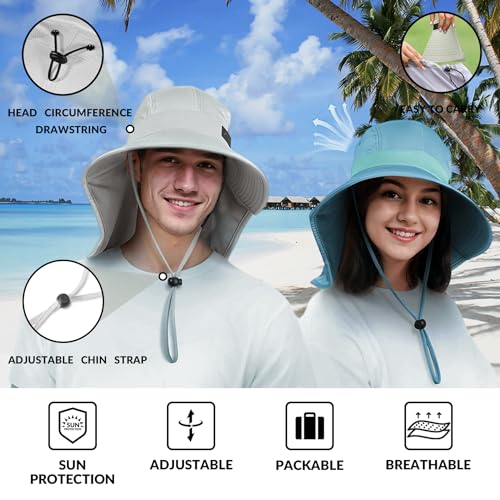 Cooling Sun Hat for Men Women UPF50+ Wide Brim Fishing Hat with Neck Flap Adjustable Foldable Bucket Hat for Hiking White (White)