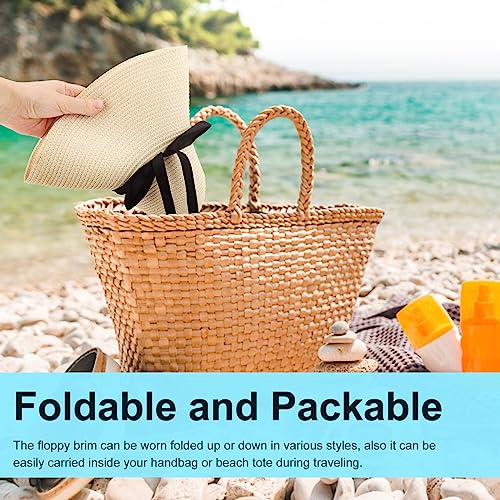 Womens Straw Hat Foldable Wide Brim Floppy Beach Sun Hat for Women Roll up Cap UPF 50+ Adjustable Strap Vacation (Ada Beige 5.9" Brim, 1 Pack)