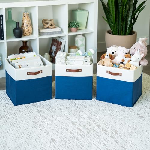 13x13 Cube Storage Bins (Navy Blue Base / Off-White / (13x13) Leather Handles)