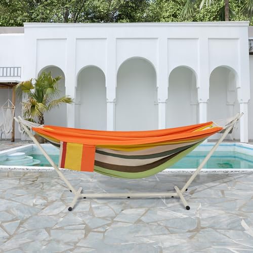 LazyDaze Hammocks Double Hammock with Stand (White Frame- Orange Green)