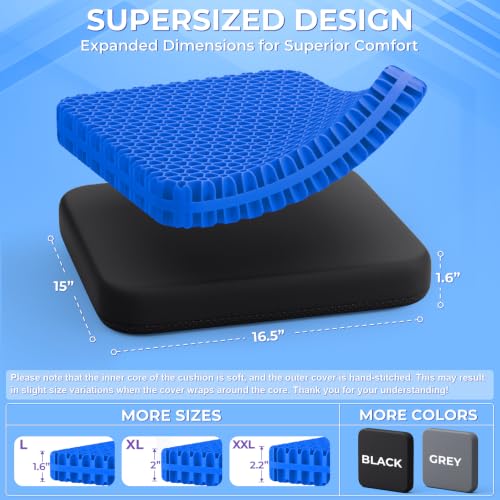Gel Seat Cushion for Long Sitting (Black & Blue / 16.5×15×1.6 Inch)