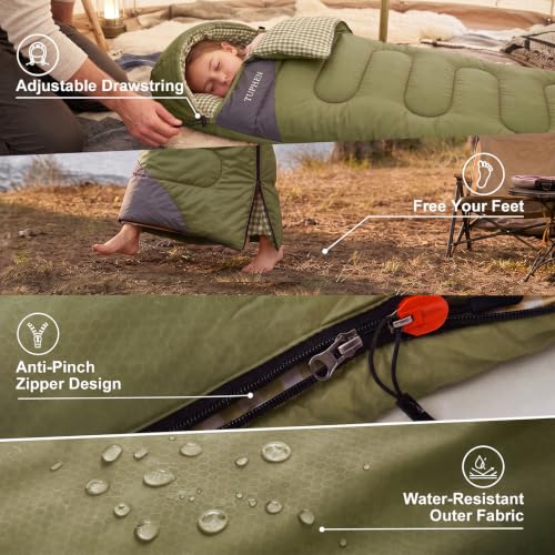 32℉ Sleeping Bags for Adults Kids Cold Weather & Warm ((15-50°F) Green Plaid)