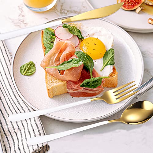 6 Pieces 18 8 Stainless Steel Flatware Set Portable Reusable Cutlery Set Travel Utensils Set Including Chopsticks Knife Fork Spoon Straws Cleaning Brush Dishwasher Safe (White golden)