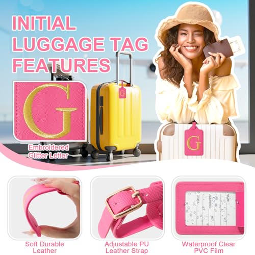 Personalized Rose Red Leather Initial Luggage Tags with Privacy Cover Name Card (Rose Leather,glod Letter / G)