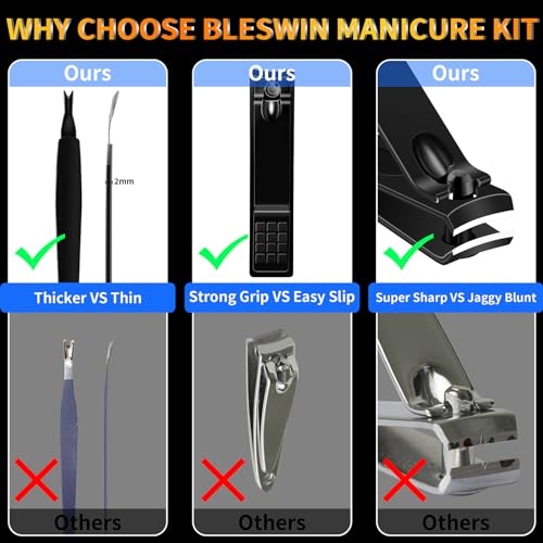 Manicure Set 16 In 1 Professional Stainless Steel Pedicure Kit Toenail Clippers Set Mens Grooming Kit Fingernail Kit for Women with Luxurious Travel Bag (16Pcs-Black)