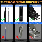 Manicure Set 16 In 1 Professional Stainless Steel Pedicure Kit Toenail Clippers Set Mens Grooming Kit Fingernail Kit for Women with Luxurious Travel Bag (16Pcs-Black)