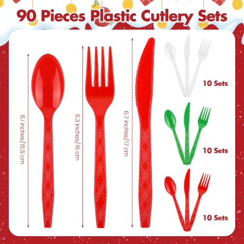 90 Pieces Christmas Plastic Cutlery Set (Red, Green, White)