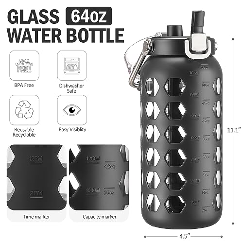 64oz Glass Water Bottle with Straw and Lid (Black / 64 Ounces)