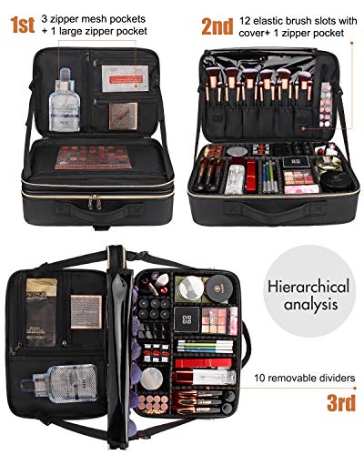 Makeup Case Large Makeup Bag Professional Train Case 16.5 inches Travel Cosmetic Organizer Brush Holder Waterproof Makeup Artist Storage Box (Large / Black Leather)