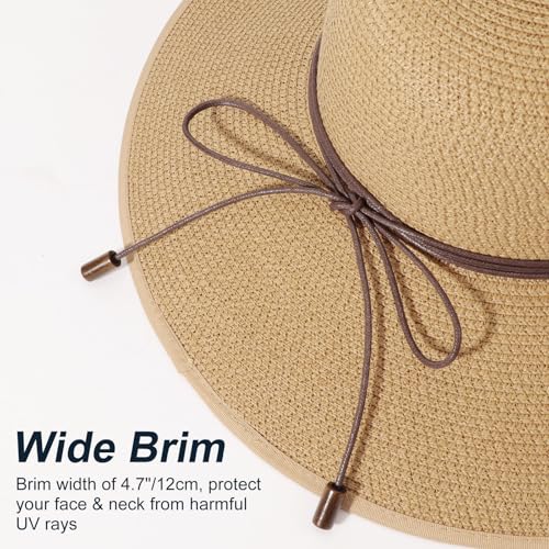 Womens Sun Straw Hat Bowknot Hat Summer Wide Brim Bucket Hats Foldable Beach Sun Hats Roll up UPF 50+ (1 Pack Bowknot Hat: Khaki, 4.7" Brim)