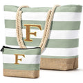 Beach Bag Initial Beach Tote with Makeup Bag for Travel (Light Green / F)