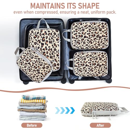 4 Set Compression Packing Cubes For Travel Bags Organizer For Luggage Suitcase Organizer (Brown Leopard / Set of 4)