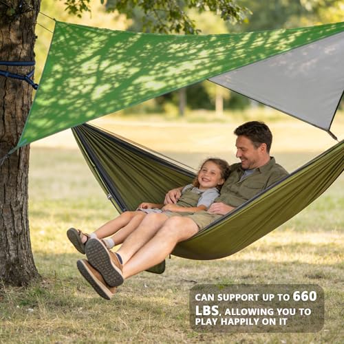 Camping Hammock with Rain Fly Tarp Mosquito Net Heavy Duty Tree Straps Portable Double Parachute Hammock Tent Waterproof Rainfly Set 660lbs Maximum Weight (Rain Fly Size：98.4x59in / Armygreen)