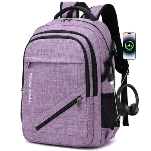 Large Laptop Backpack 17.3 inch Durable Waterproof Travel College Backpack Bookbag for Men & Women Business Backpack with USB Charging Port and Headset Port Light Purple (A2-light Purple)