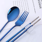 3 PCS Stainless Steel Travel Camping Flatware Set Fork Spoon Chopsticks with Portable Case (Blue)