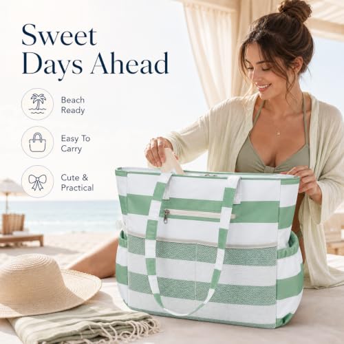 Waterproof Beach Tote Pool Bags for Women Ladies Extra Large Carry On Bag With Wet Compartment for Weekender Travel (Green White Stripe 5cm)
