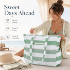 Waterproof Beach Tote Pool Bags for Women Ladies Extra Large Carry On Bag With Wet Compartment for Weekender Travel (Green White Stripe 5cm)