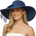 Women Wide Brim Bow Straw Hat Floppy Foldable Beach Sun Hat Roll up Cap UPF 50+ (Big Bow / Navy 5.9" Brim, 1 Pack)
