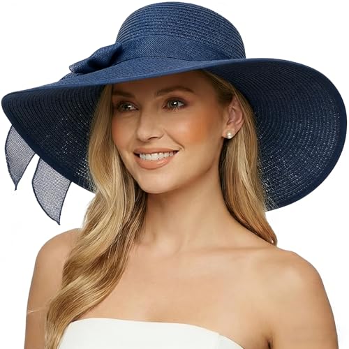 Women Wide Brim Bow Straw Hat Floppy Foldable Beach Sun Hat Roll up Cap UPF 50+ (Big Bow / Navy 5.9" Brim, 1 Pack)