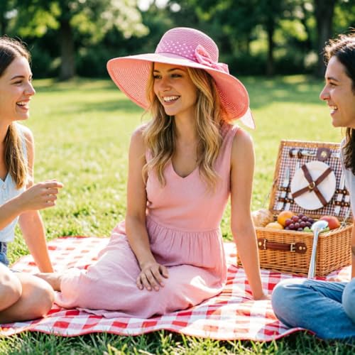 Wide Brim Sun Hat for Women Floppy Straw Hat Summer Beach Hats Fashionable Trendy Hats Sun Protection UPF 50+ (1 Pc: Pink With White Polka Dots)