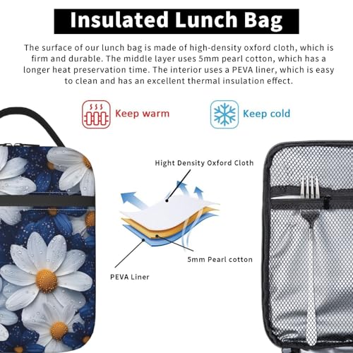 Elegant Daisy Insulated Lunch Box for Women Men White and Blue Flower Lunch Bag for Travel (Daisy02)