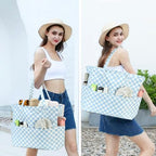 Waterproof Beach Tote Pool Bags for Women Ladies Extra Large Gym Tote Carry On Bag With Wet Compartment for Weekender Travel (Blue White Checked)