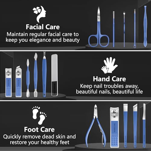 Manicure Set 16Pcs Nail Clippers Set Manicure Kit Professional Stainless Steel Pedicure Kit Nail Care Kit for Women Men with Luxurious Travel Bag (16Pcs-Blue)