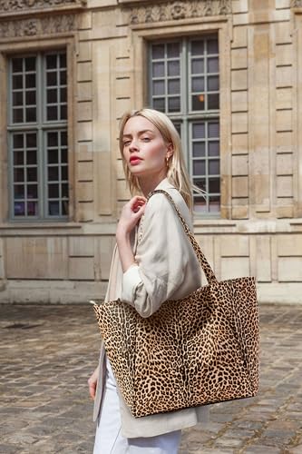 Large Tote Bag Vegan Leather 16L Casual Zipper Work Weekender (Leopard B)