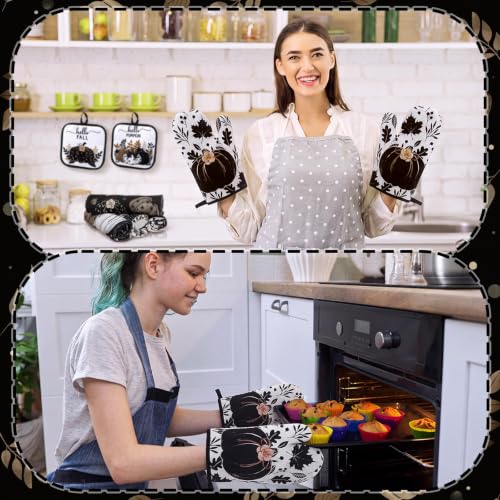 10 Pcs Fall Pumpkin Kitchen Decor Set Kitchen Towels Pot Holders Oven Mitts and Rugs Set Thanksgiving Towels for Baking Cooking BBQ Autumn Home (Black, White, Brown / Black Pumpkin)