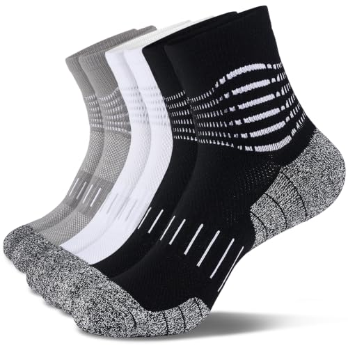 Ankle Compression Socks for Men Athletic Running Socks with Cushioned Support 3 Pairs (Medium / Cushioned‑black+white+grey(3 Pairs))