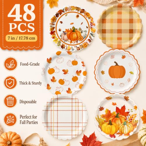 48PCS Fall Paper Plates 7 Inch Round Fall Disposable Dessert Plates (Fall)