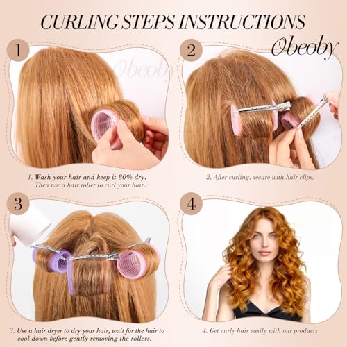 4 Sizes Hair Rollers Curler Set with Clips for Women (Pink and Purple)