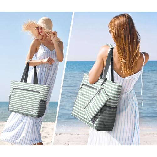 Beach Bag Waterproof Sandproof Large Capacity Foldable for Women (Green Stripe / 35L)