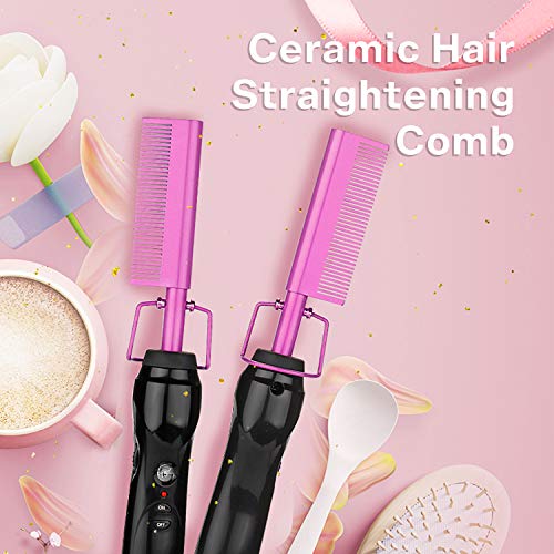 Electric Hot Comb Hair Straightener Heat Pressing Comb Curling Flat Iron Curler Hair Straightener Brush for Natural Black (Violet)