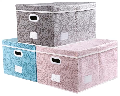 Jumbo Collapsible Storage Cubes with Lids Fabric Decorative Storage Bins Boxes Organizer Baskets with Cover Handles for Bedroom Closet Living Room 23.2x15.7x11.8 Inch 3 Pack (Assorted Color / XX Large(3-Pack))