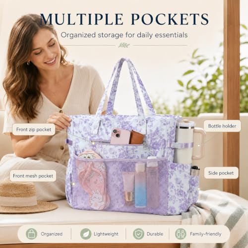 Waterproof Beach Tote Pool Bags for Women Ladies Extra Large Carry On Bag With Wet Compartment for Weekender Travel (Lavender Toile Floral 277)