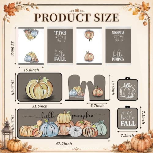 10 Pcs Fall Pumpkin Kitchen Decor Set Kitchen Towels Pot Holders Oven Mitts and Rugs Set Thanksgiving Towels for Baking Cooking BBQ Autumn Home (Light Brown / Minimalist Style Pumpkin)
