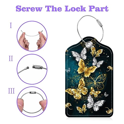 Set of 2 Luggage Tags Golden and White Butterfly Leather Suitcases Tag with Privacy Cover Stainless Steel Loop and Address Card for Women Men Travel (Golden and White Butterfly)