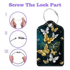 Set of 2 Luggage Tags Golden and White Butterfly Leather Suitcases Tag with Privacy Cover Stainless Steel Loop and Address Card for Women Men Travel (Golden and White Butterfly)
