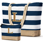 Beach Bag Initial Beach Tote with Makeup Bag for Travel Work Storage Personalized Birthday Gifts for Women Her (Dark Blue 2 Pcs / L)