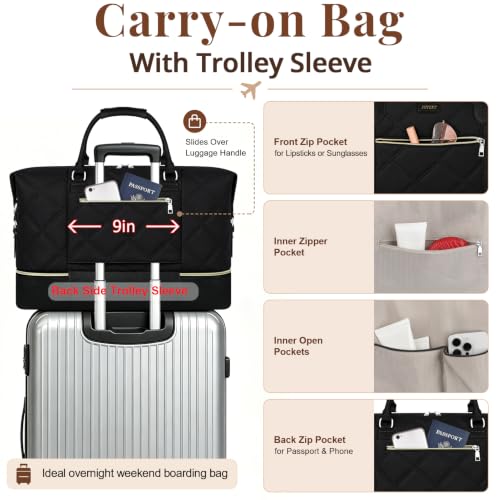 Weekender Bag for Women 21.5" Travel Duffel Large Carry On Bag 3PCS (Large / 8c-Black)