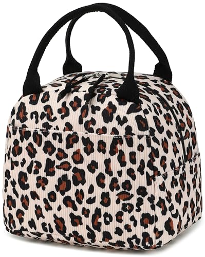Lunch Bag for Women Men Cute Corduroy Lunch Tote Bags Reusable Insulated Lunch Box Large Capacity Reusable Insulated Cooler for Work Picnic or Travel (Khaki Leopard / 10L)