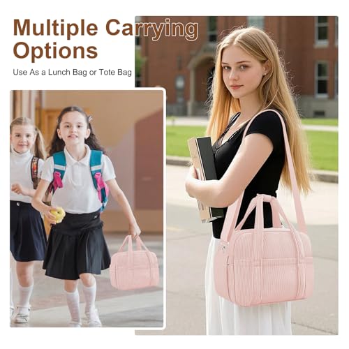 Corduroy Lunch Box Lunch Bag for Women Men (A-Pink / Small - 7L)