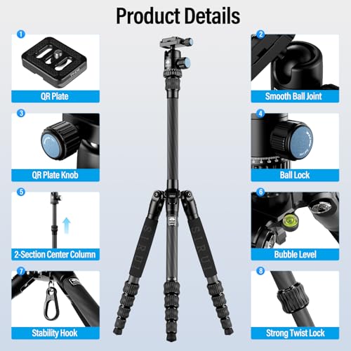 Compact Traveler 5C Tripod 54.3 inches Lightweight Carbon Fiber Travel Tripod for Camera with 360° Panorama Ball Head for Arca Swiss Quick Release Plate (Carbon Tripod 5C)